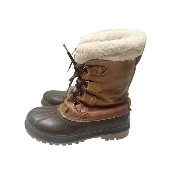 Sorel Winter Duck Boots Buffalo Men's Sz 8 Brown Leather Lace Up Shearling Lined - Picture 2 of 11
